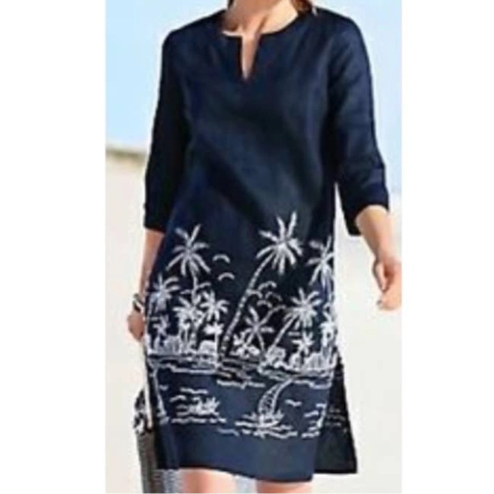 Talbots Navy and White Palm Tree Dress